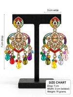 Multicolour heart-shaped chandelier earrings with a size guide showing a 7 cm drop, 3 cm width and 19 g weight.