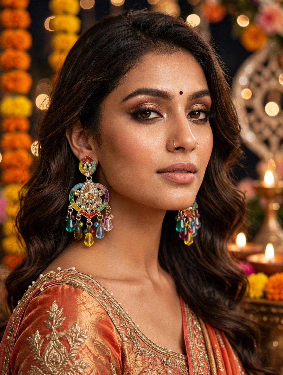 Model wearing heart-shaped multicolour chandelier earrings with faux pearls and colourful teardrop beads.