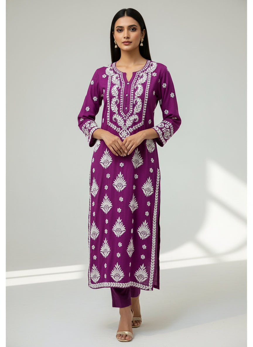 purple colour Chikankari long kurti with white embroidery in modal fabricby famaza couture 