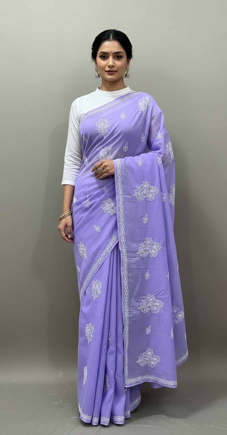 purple cotton saree with floral pattern hand embroidery by famaza couture 