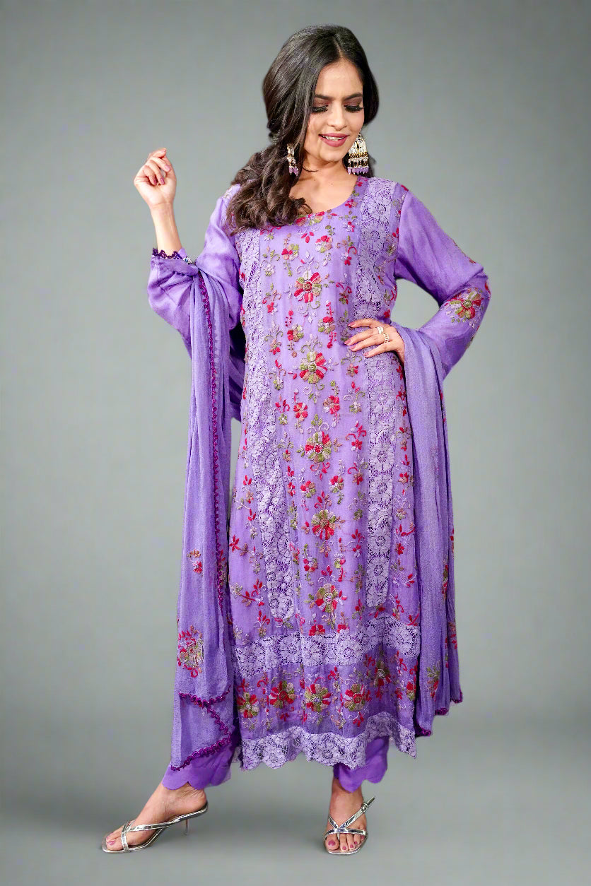 Pakistani embroidered suit set with close-up of floral embroidery details