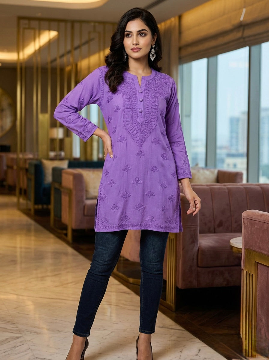 purple short kurti with tone to tone hand embroidery 
