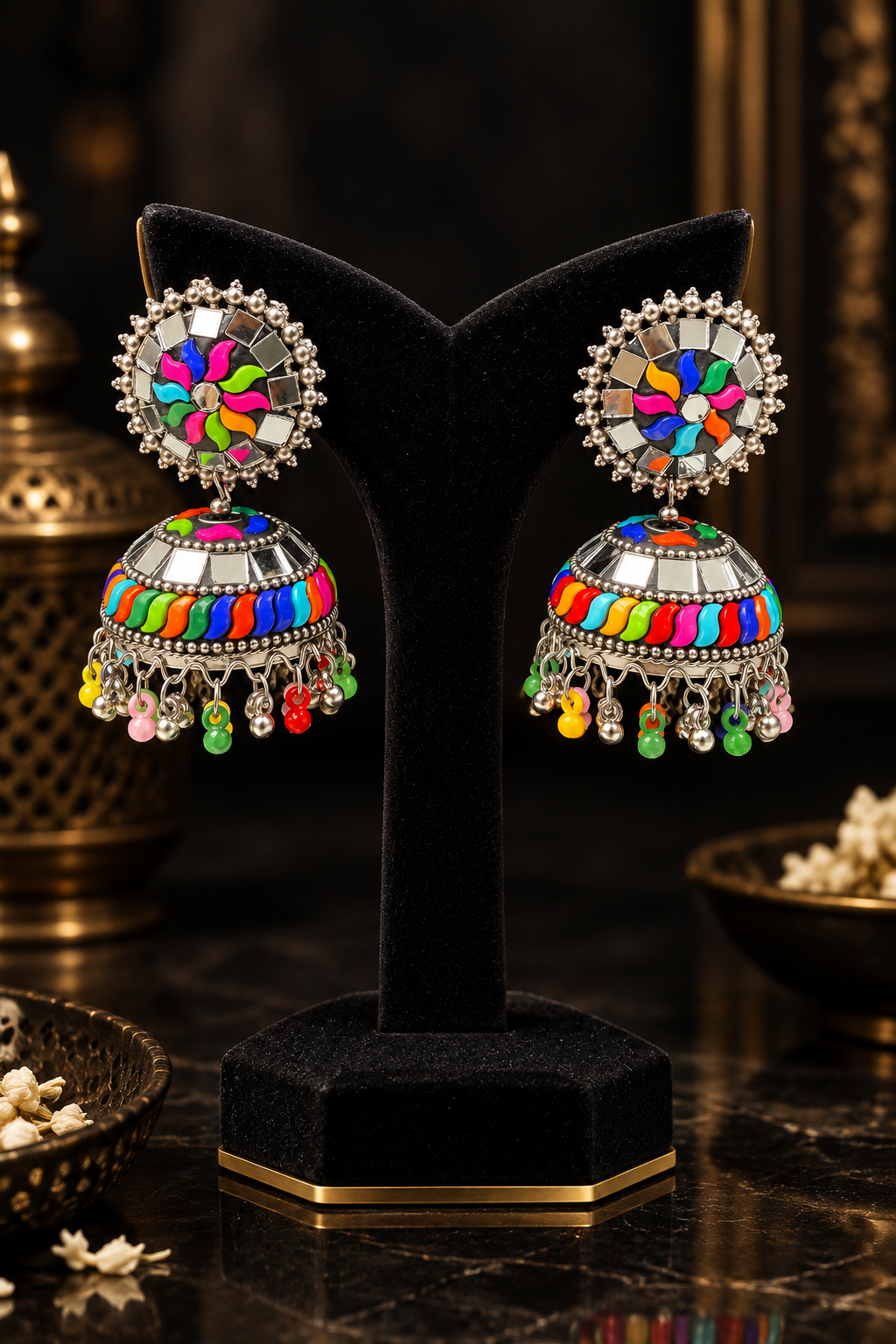 A pair of Famaza Couture multi-coloured plastic and mirror work oxidised jhumka earrings.