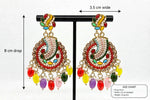 Multicolour chandbali earrings with a size guide showing an 8 cm drop, 3.5 cm width and 22 g weight.
