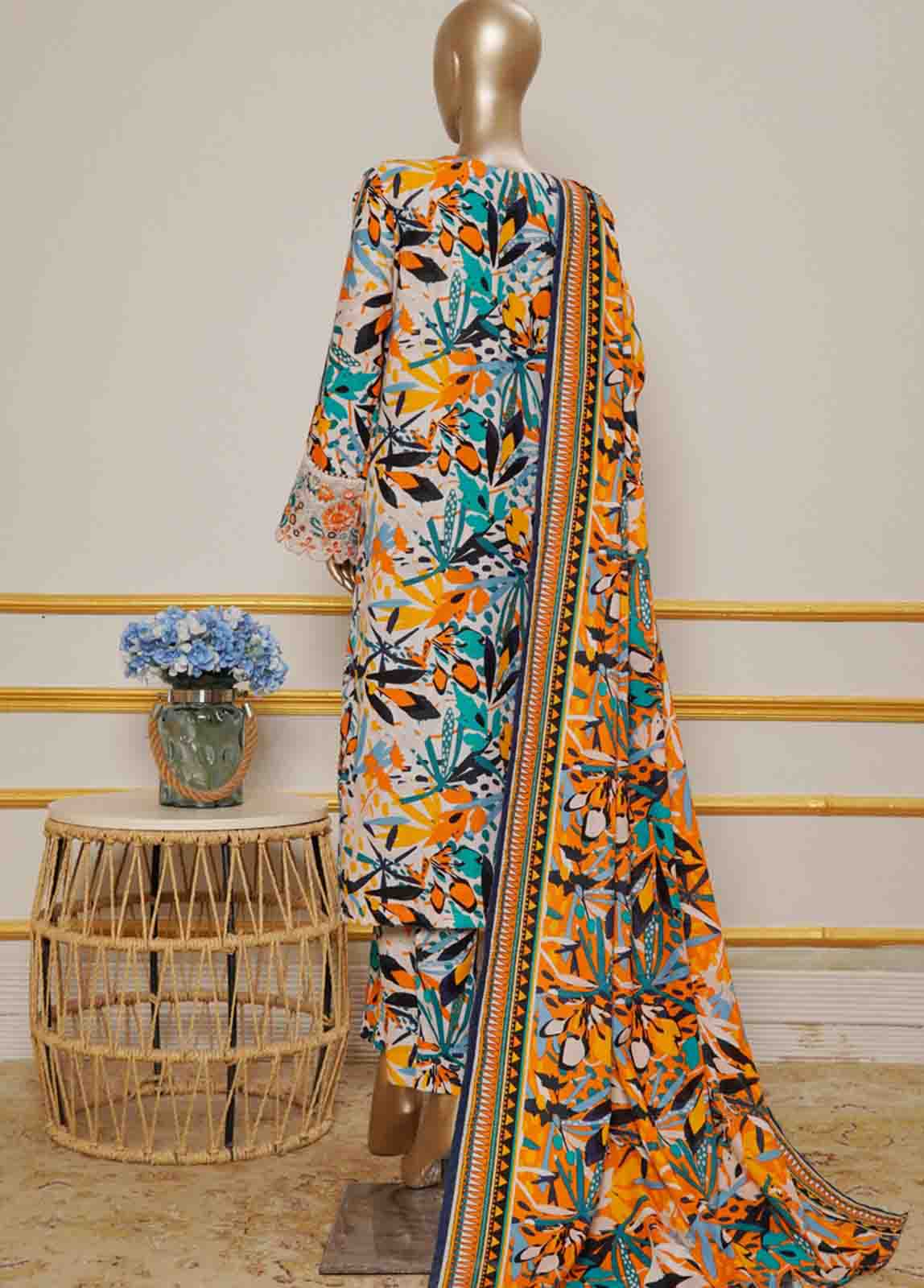 rear view of multicoloured High quality breathable khaddar cloth used in Pakistani Eid dress