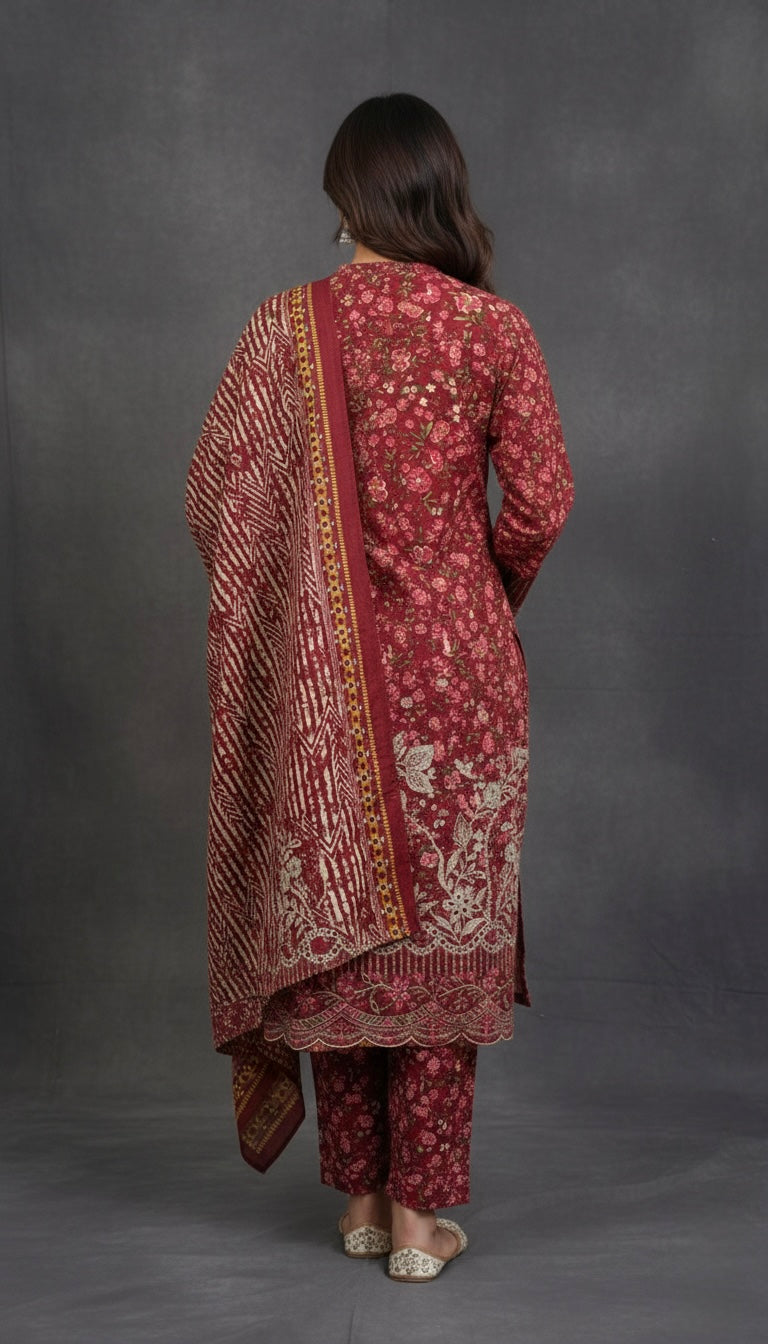 rear view of red colour Soft khaddar material detail of traditional Pakistani embroidered suit