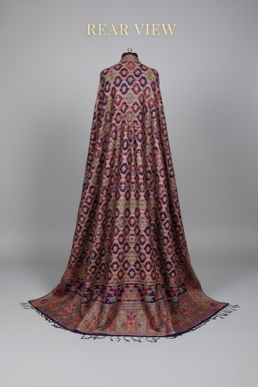 The rear view of the kanni silk hand crafted duppata with silk and zari thread. 