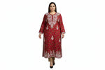 red floral printed plus size long kurti with white hand embroidery 