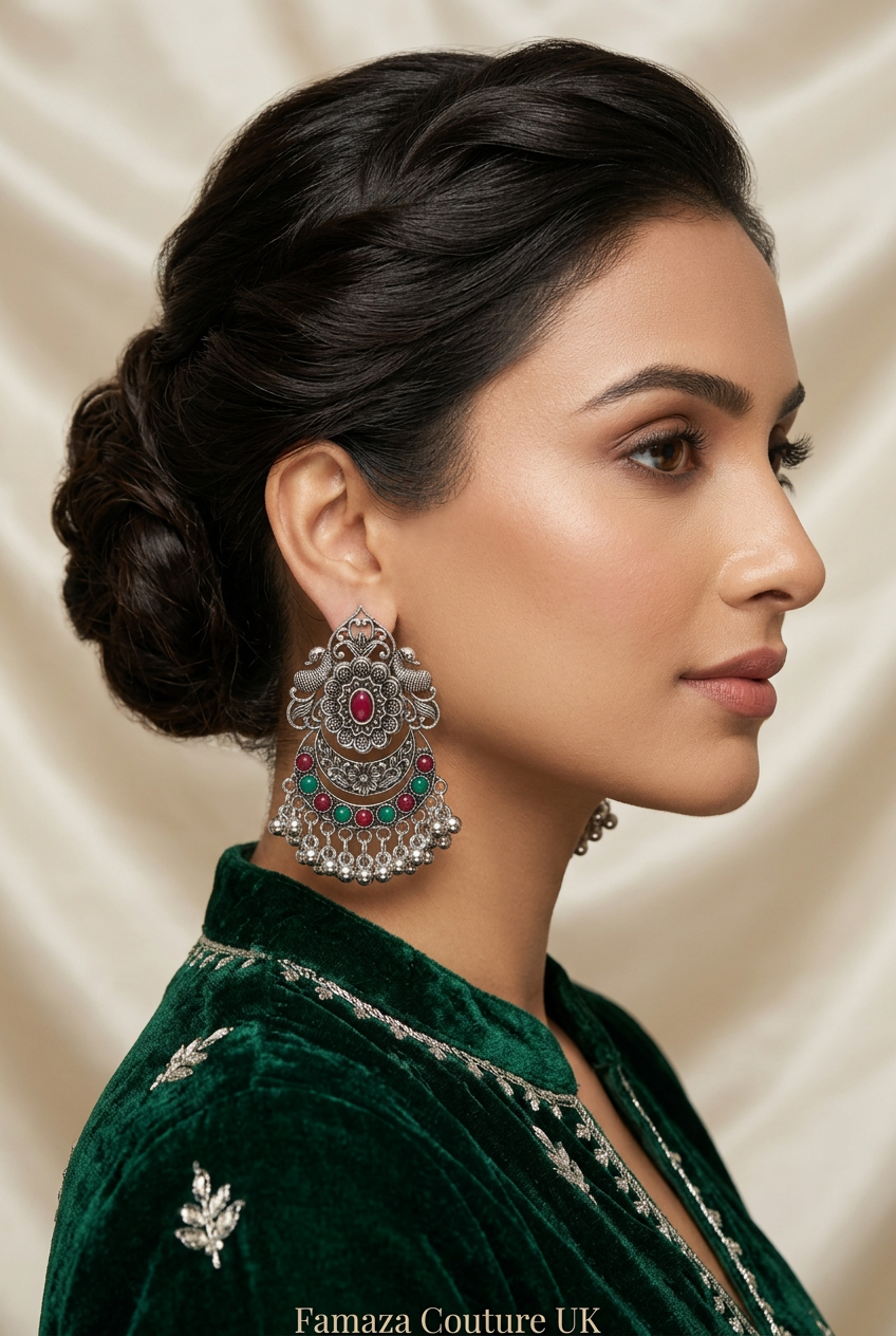 Model wearing the Regal Bloom silver-toned chandbali earrings with red and green stones and a dangling bead fringe, paired with a dark green top