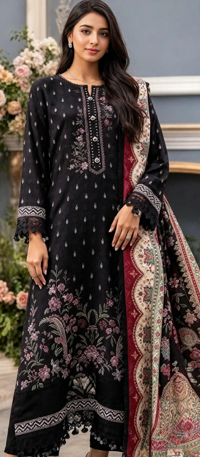 Rosalie black floral Dhanak kameez showing neckline detailing, lace-trimmed cuffs and a maroon-and-cream shawl