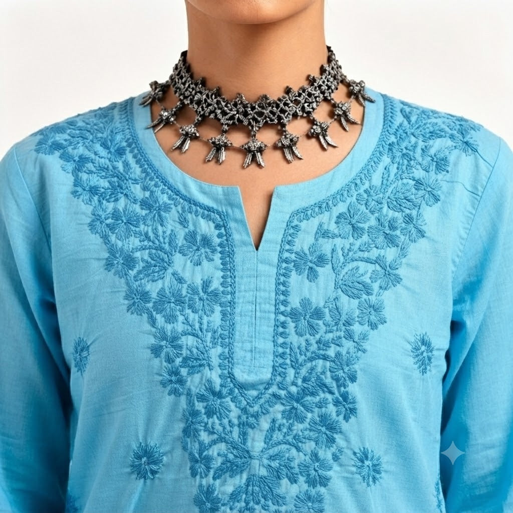 The Aaliyah Peach Chikankari Embroidered Cotton Kurti