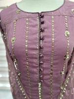 Shan-e-Sheeba lavender shirt neckline with fabric-covered loop buttons, vertical sequin rows and floral pearl embellishments