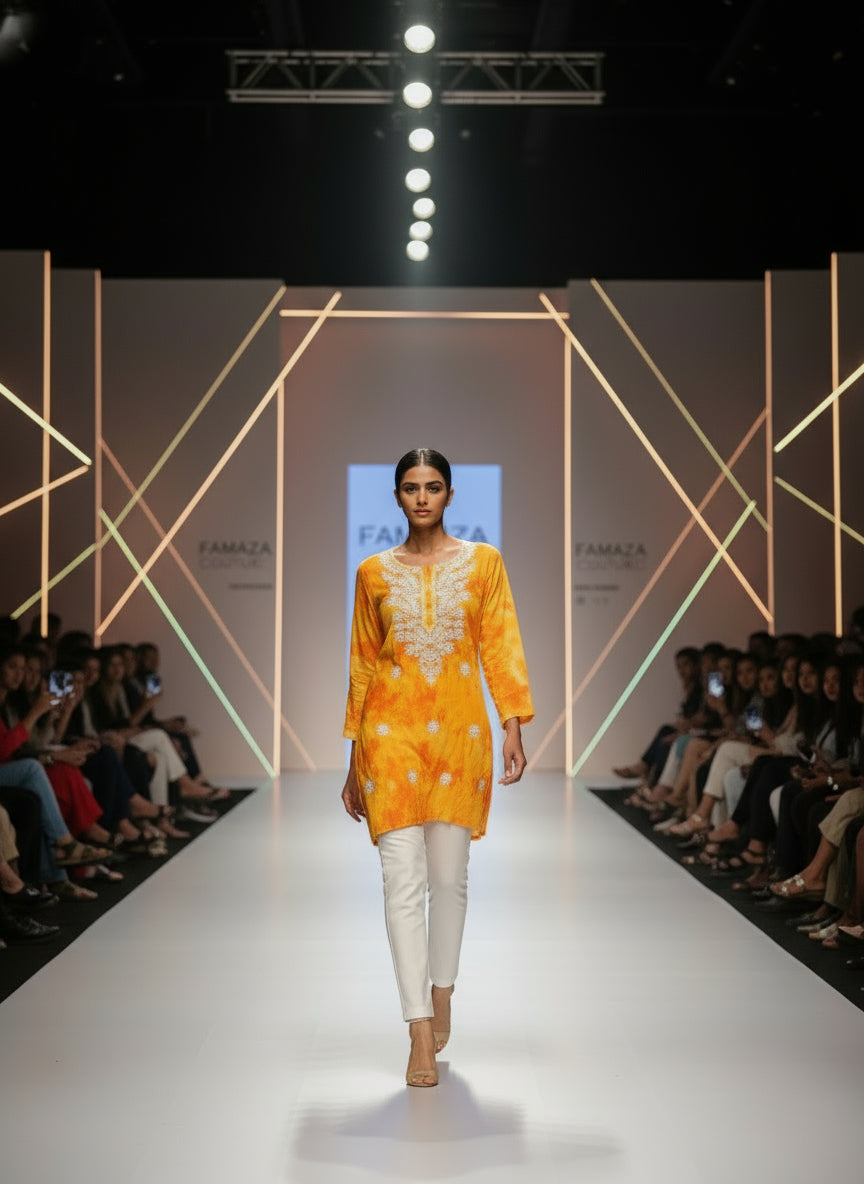 model is wearing this short length orange colour kurti in tie & dye colour with white machine embroidery by famaza couture 