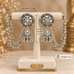 Bahubali jhumka earrings on a stand labelled with a 5.5 cm drop, 2.5 cm top stud and 37 g weight.