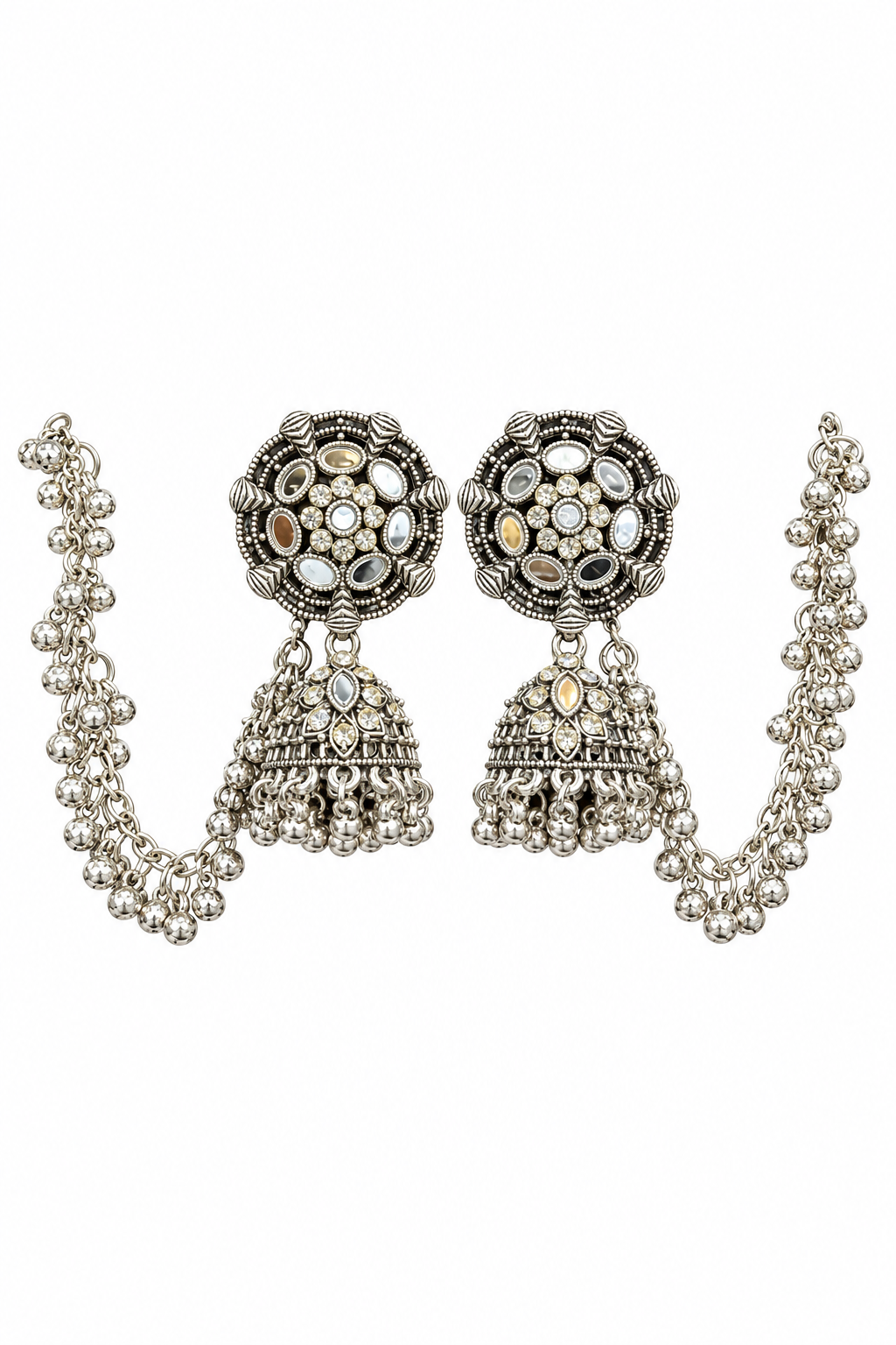 Pair of oxidised silver-tone mirror-work jhumka earrings with beaded Sahara chains on a white background.