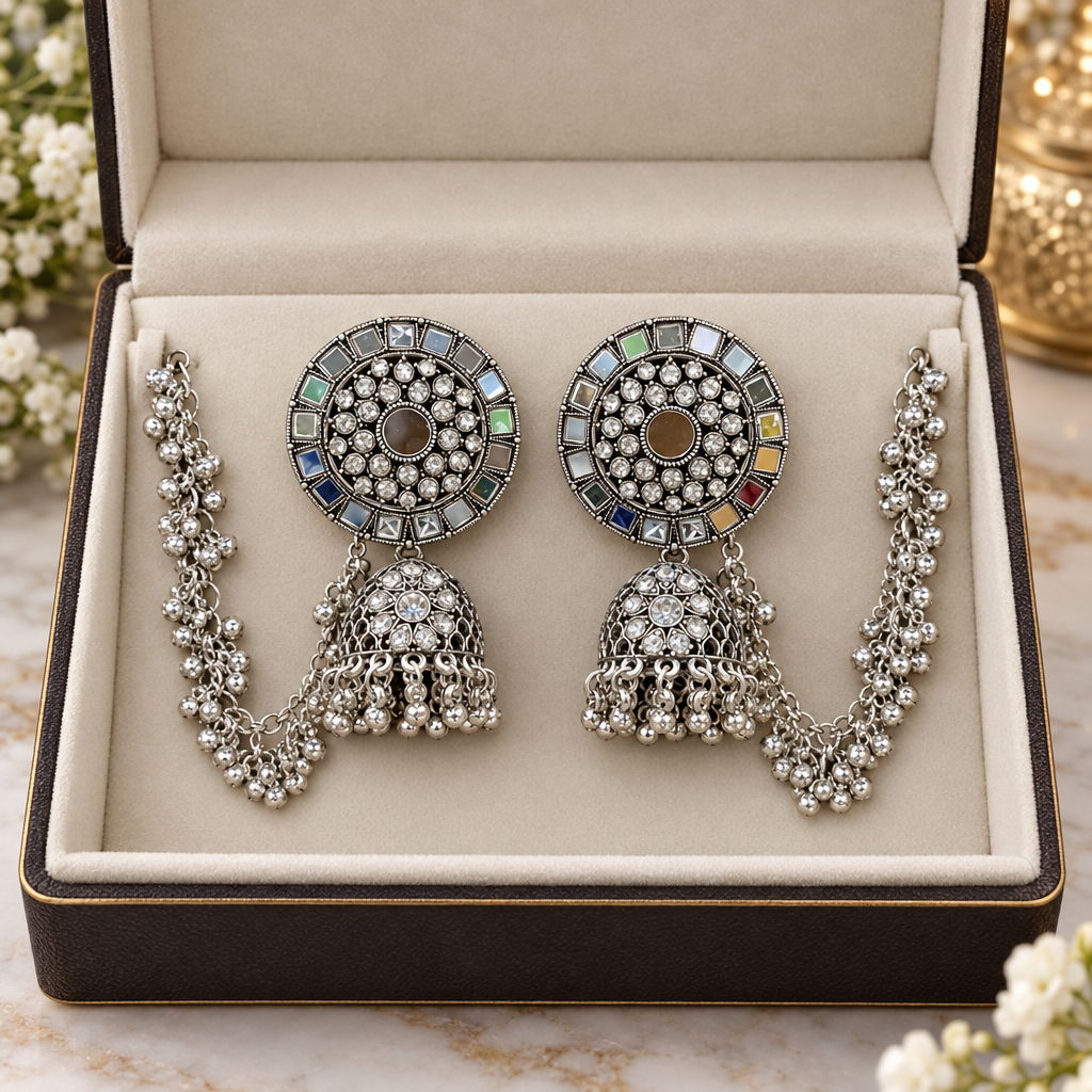 Silver jhumka earrings in an ivory-lined jewellery box