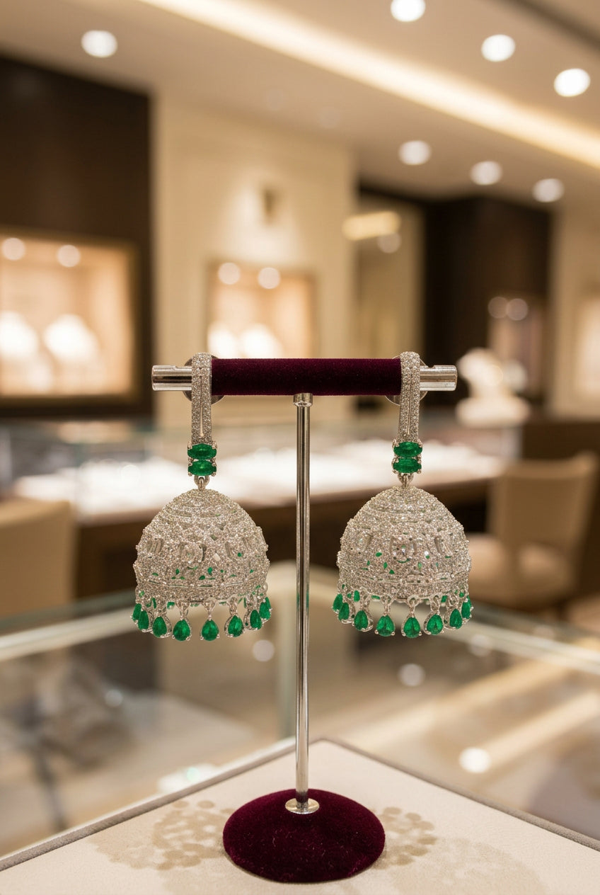 Rear view of silver-tone green stone jhumka earrings showing open lattice domes, dangling drops and disc-backed stud fastenings.