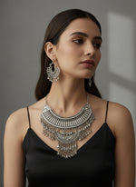 Oxidised silver plated jewellery set including necklace and two earrings by famaza couture 