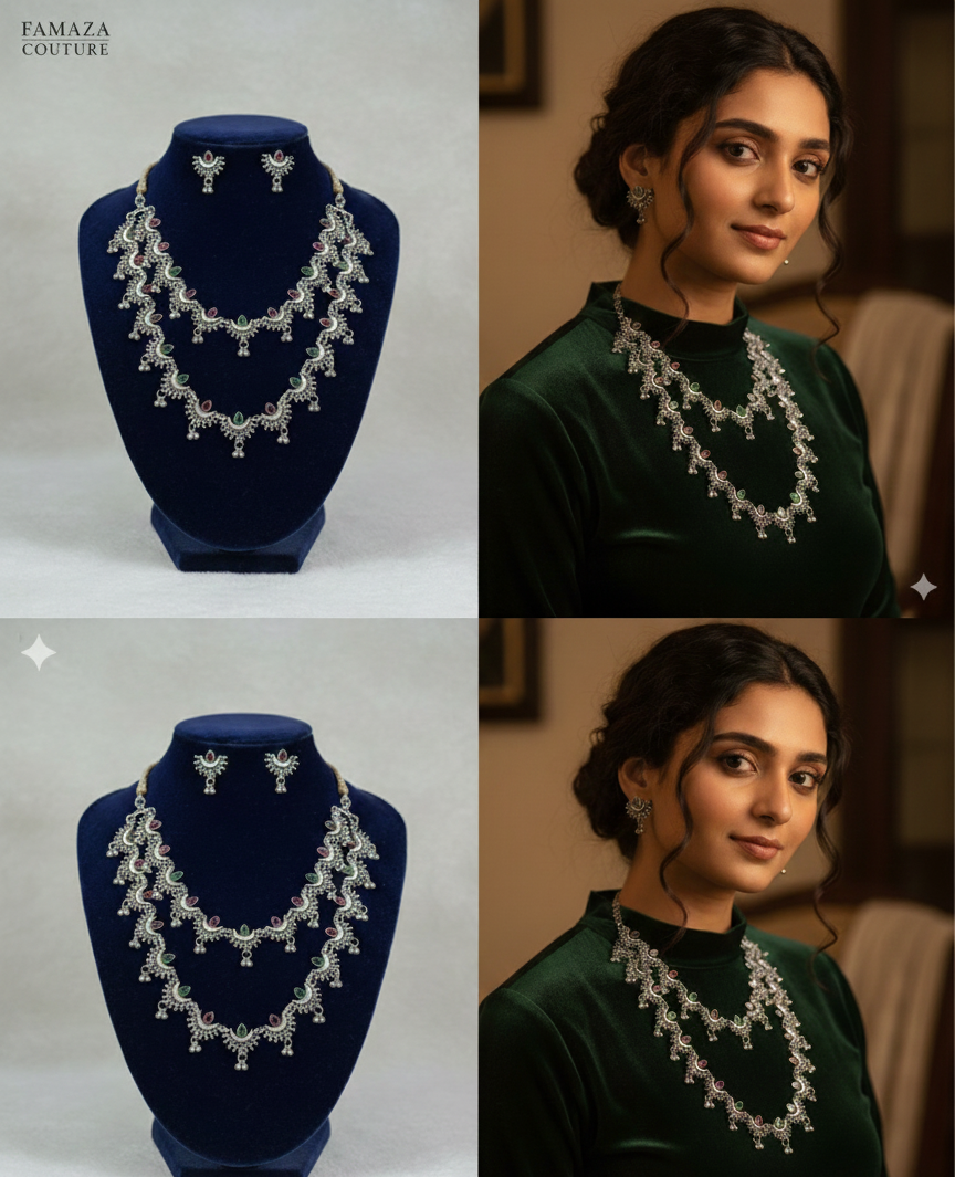 Jewelry set on a blue stand and worn by a model with 'Famaza Couture' branding.