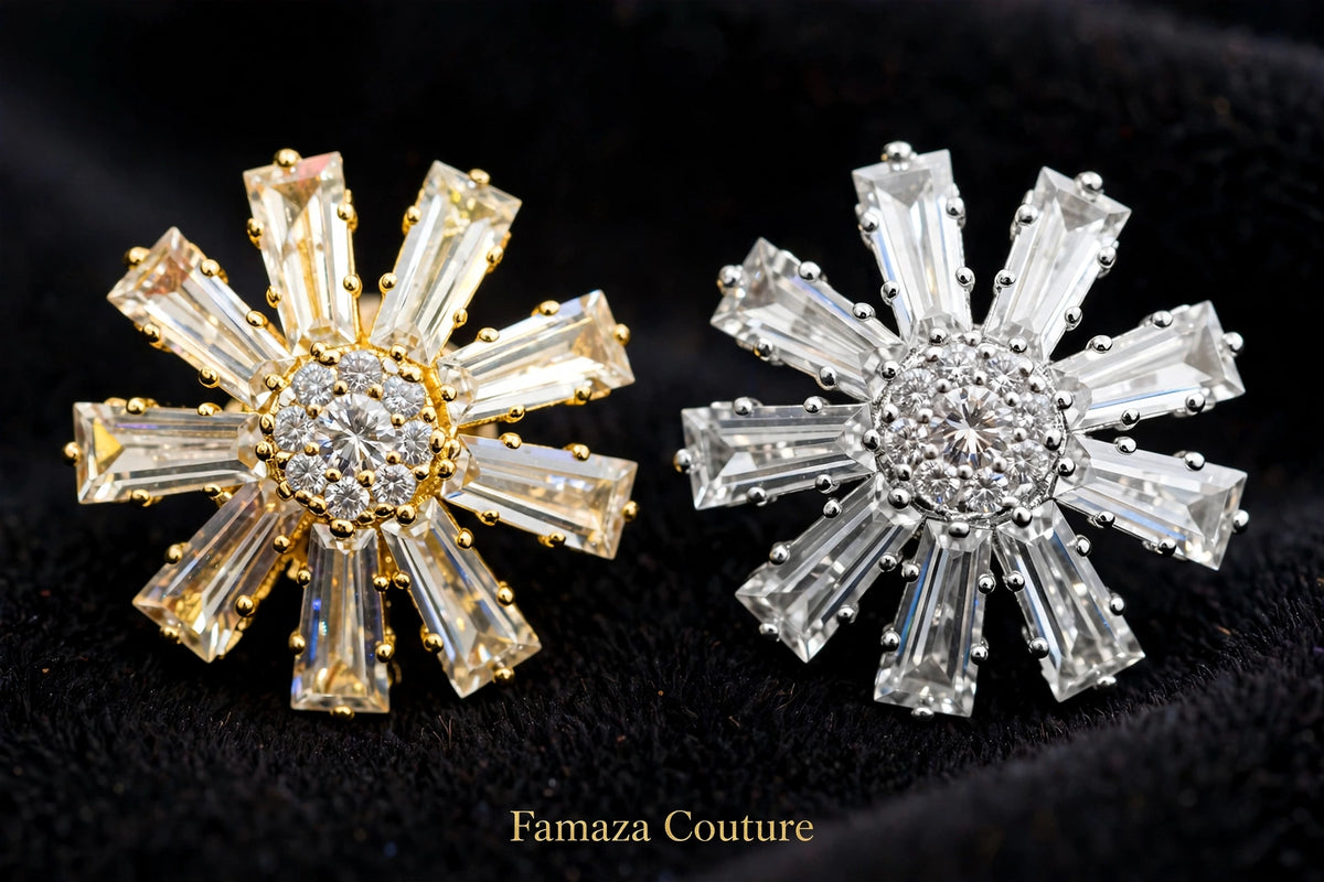 Close-up of the gold-tone and silver-tone starburst earring tops with clear tapered stones surrounding round centres