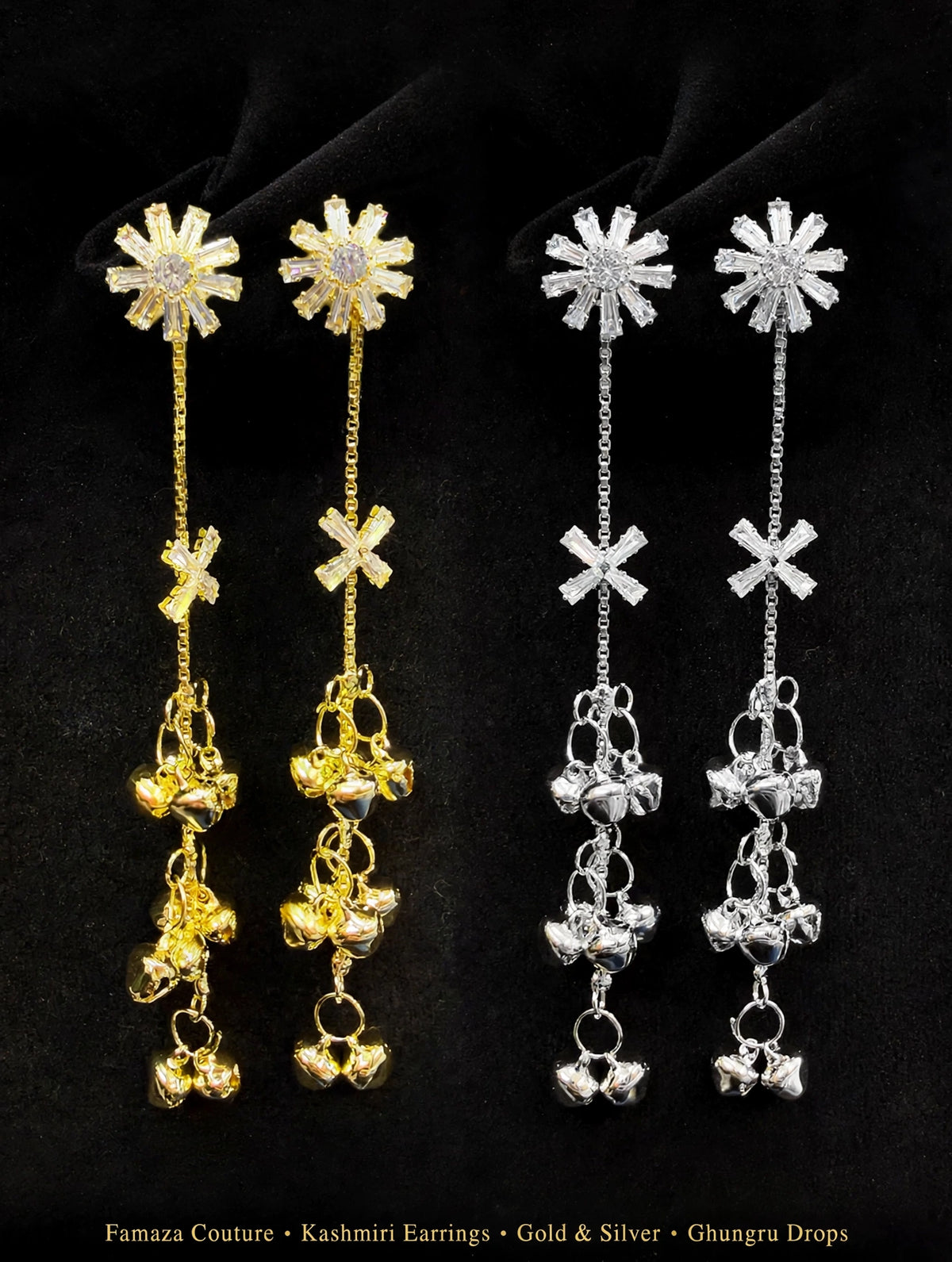 Gold-tone and silver-tone ghungroo drop earrings displayed on black velvet, showing the full chains and bell clusters