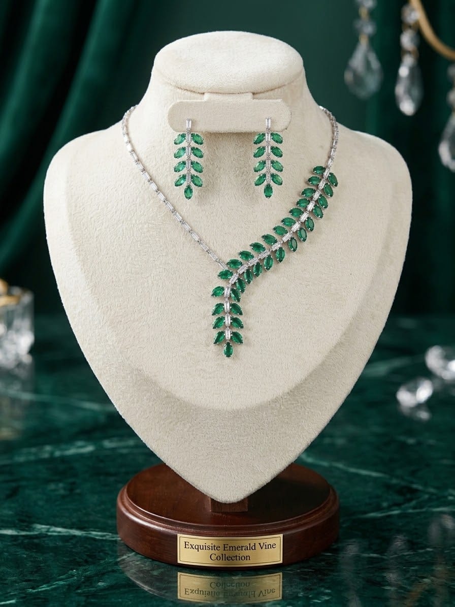 The Empress Emerald American Diamond Marquise necklace and earrings set by Famaza Couture, featuring brilliant rhodium-plated emerald green stone work.