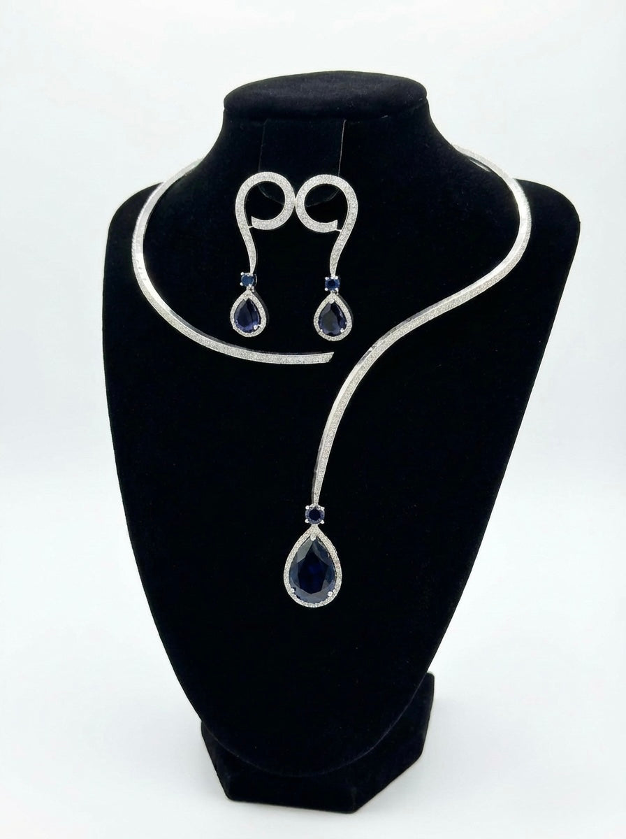 unique style American diamond jewellery set with navy blue centre stone and nano white cubic zirconia 
