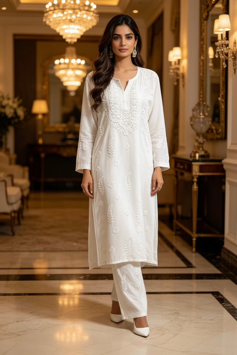 Model wearing White Rayon Chikankari 2pc Set with silk thread Ghaspatti embroidery by Famaza Couture