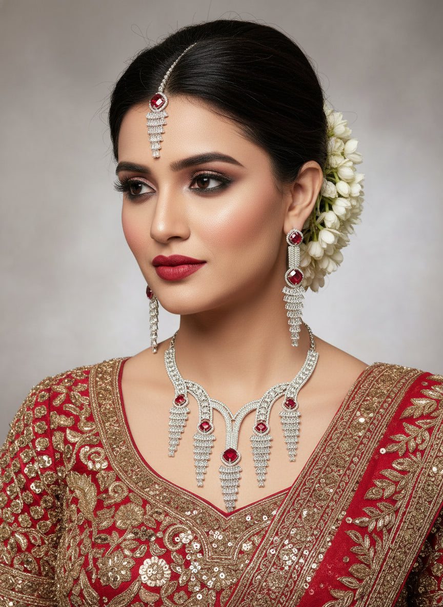 white American diamonds with Red ruby imitation Silver cascade CZ statement necklace earring and tikka set Famaza Couture