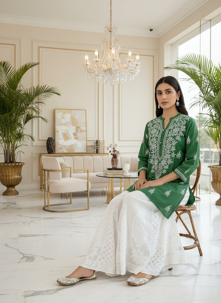 Person wearing a white and yellow traditional outfit with embroidery, sitting on a wooden floor.