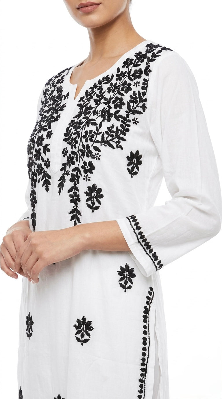  white rayon long kurti with black thread hand embroidery. 