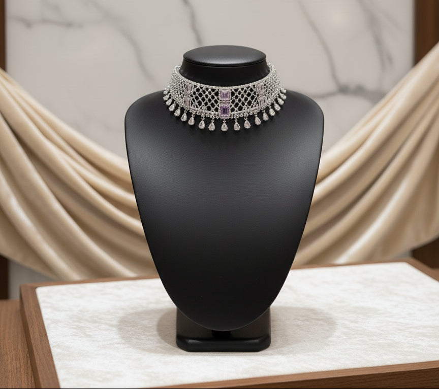 white stones Diamond lattice choker necklace on a dummy by famaza couture 