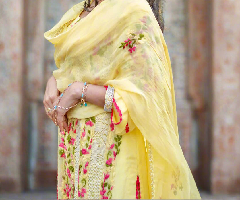 yellow floral embroidered Pakistani suit set (3-piece) famaza couture 