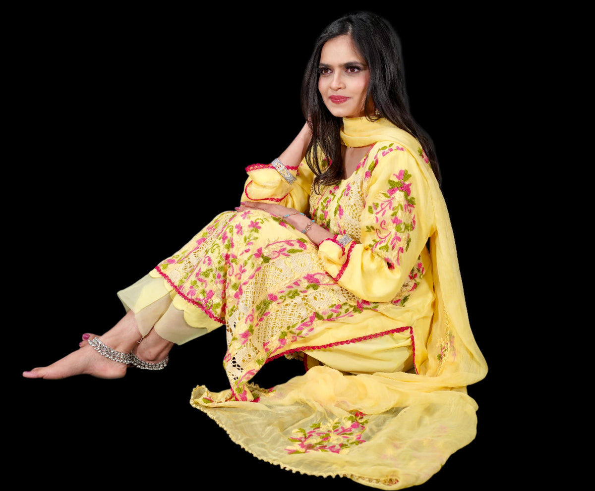 Yellow floral embroidered Pakistani suit famaza couture 