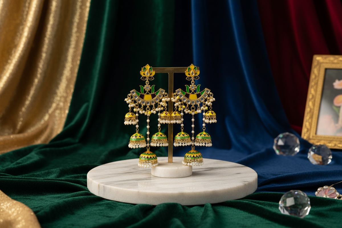 yellow and green Meenakari Jhumka Chandbali Earrings with Pearl Drops – Traditional Indian Bridal & Party Wear Earrings