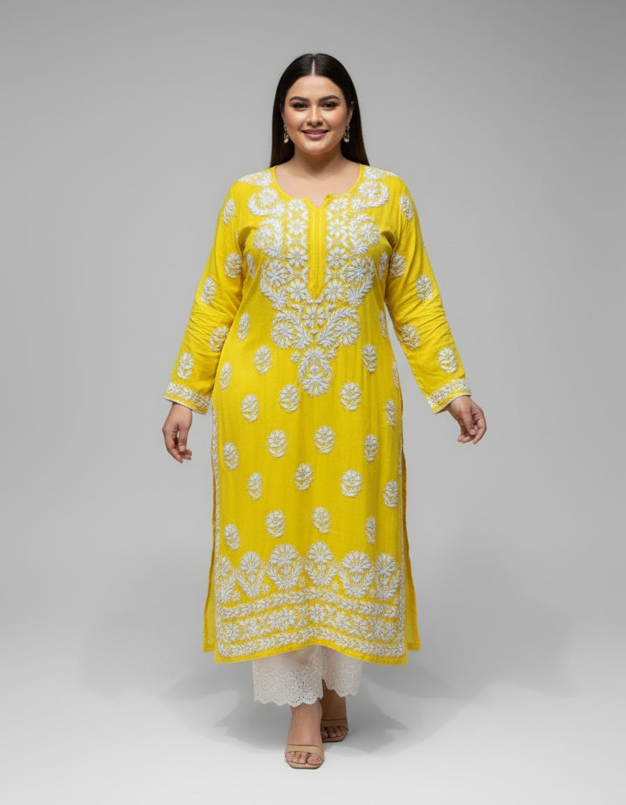 yellow colour fabric chikankari plus size kurti 