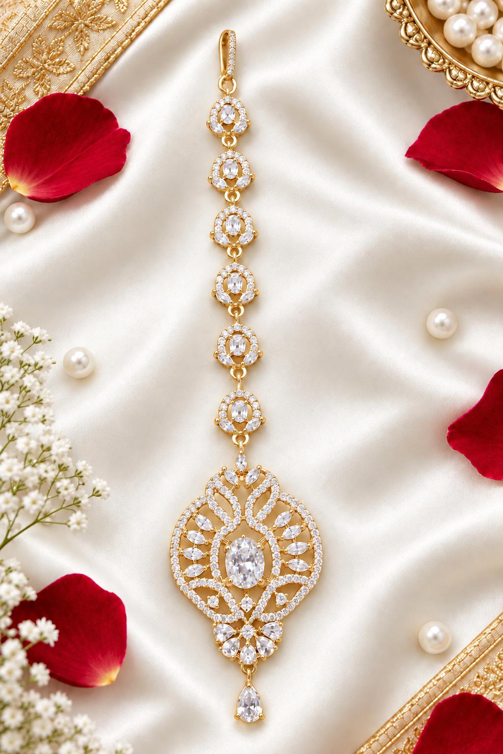 Zara gold-tone American diamond maang tikka laid on ivory satin beside rose petals and pearls